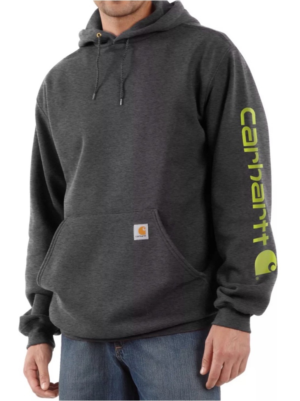 Carhartt Men's K288 Charcoal Hooded Sweatshirt with Lime Sleeve Logo LG